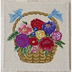 Vintage Needlepoint Floral Flowers in Basket on Board Unframed 15 1/2" x 15"